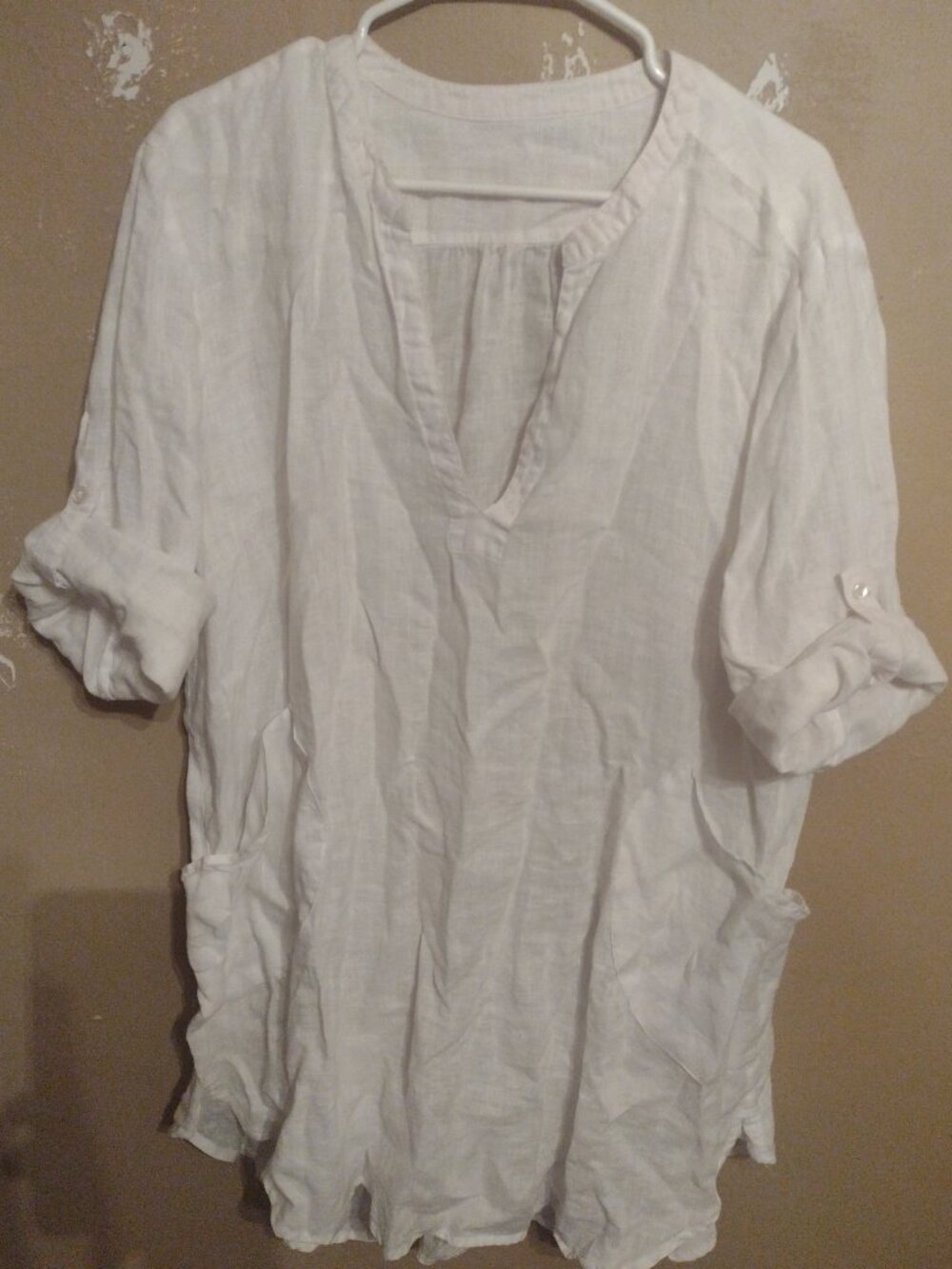 White 100% Linen V-Neck Beachy 3/4 Button Sleeve Mini Dress with Pockets